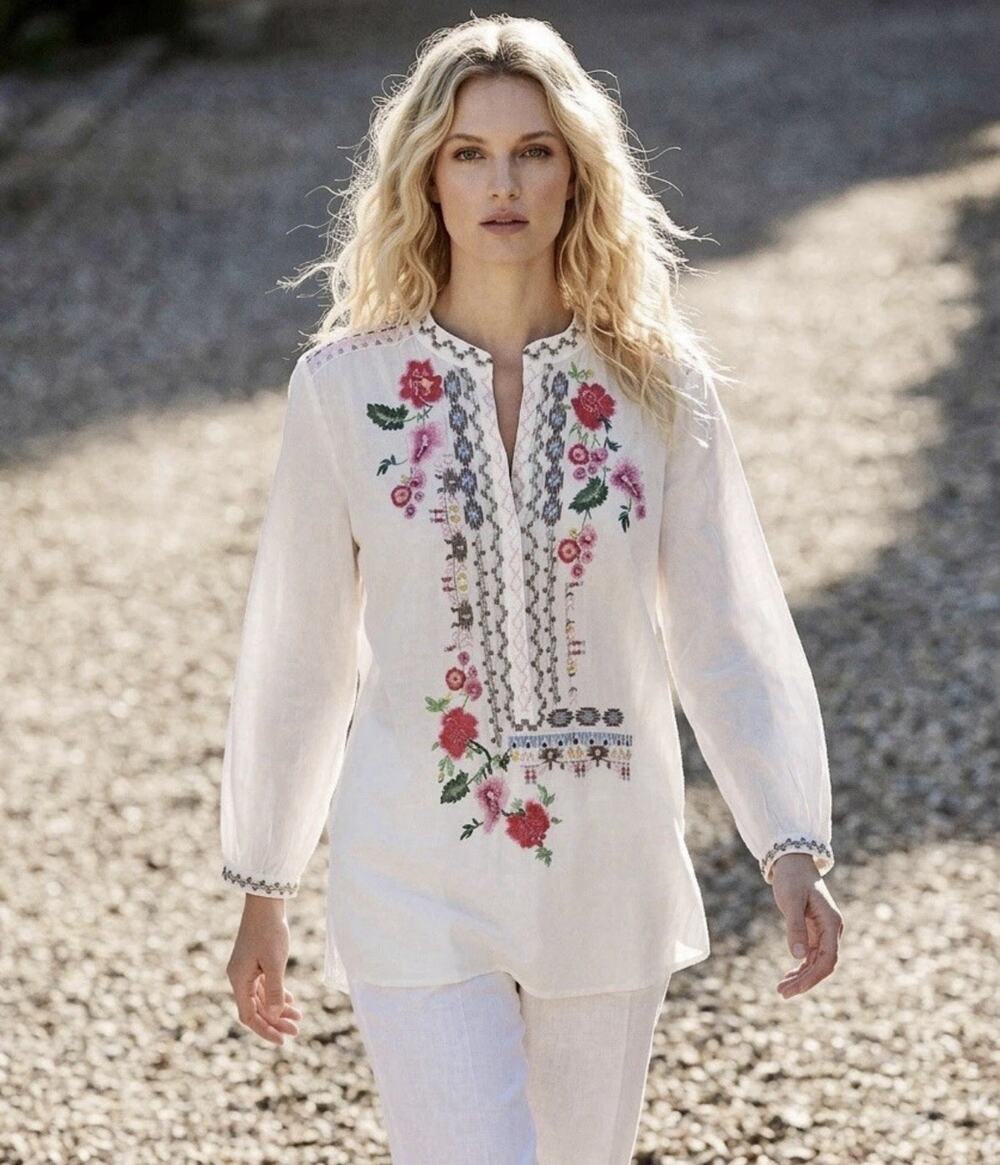 Johnny Was Embroidered Tunic M White Floral Button Up Colorful Boho Summer Indie